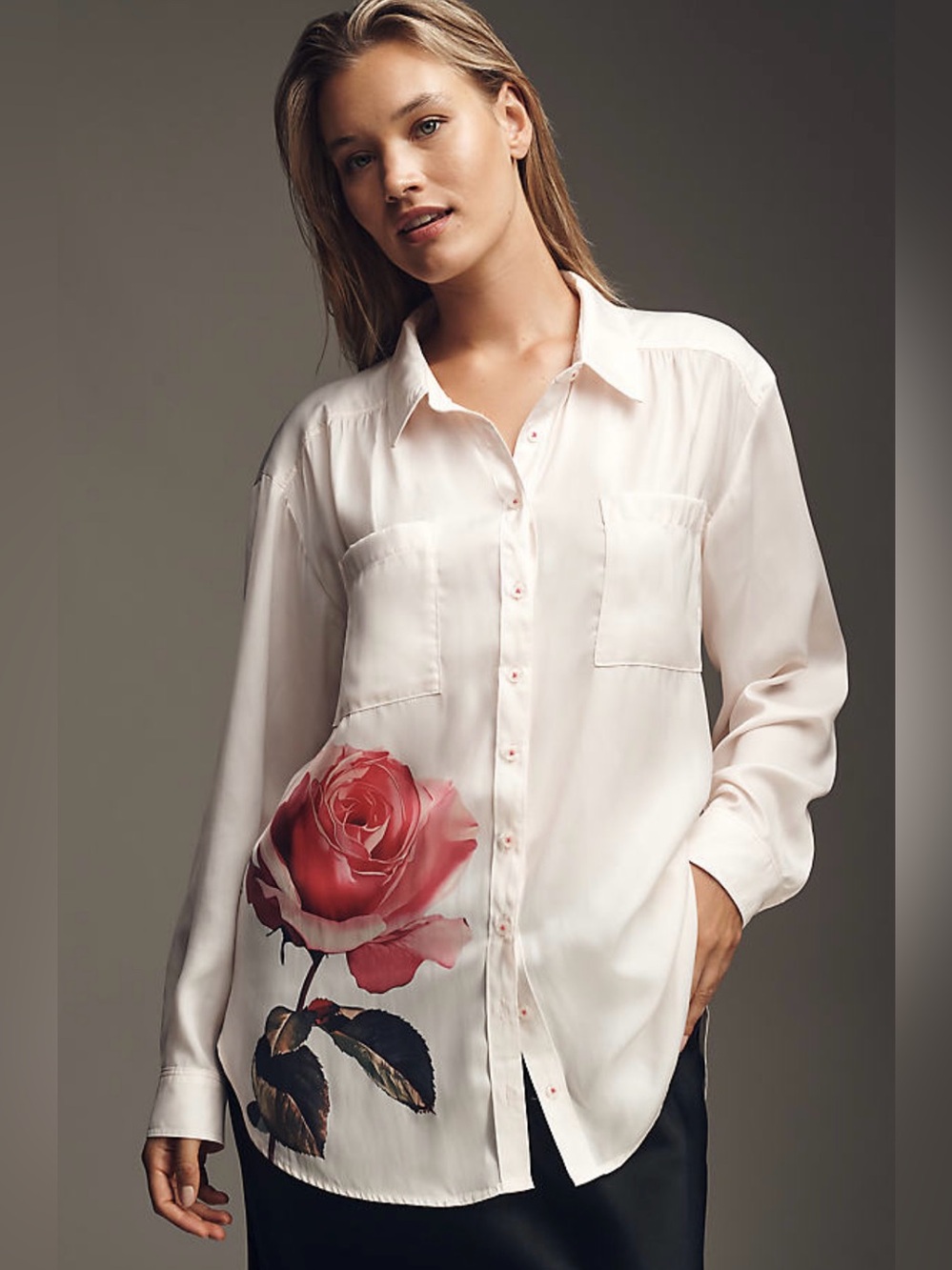 Anthropologie Brielle Relaxed Fit Button Down Blouse with Rose Print size XL